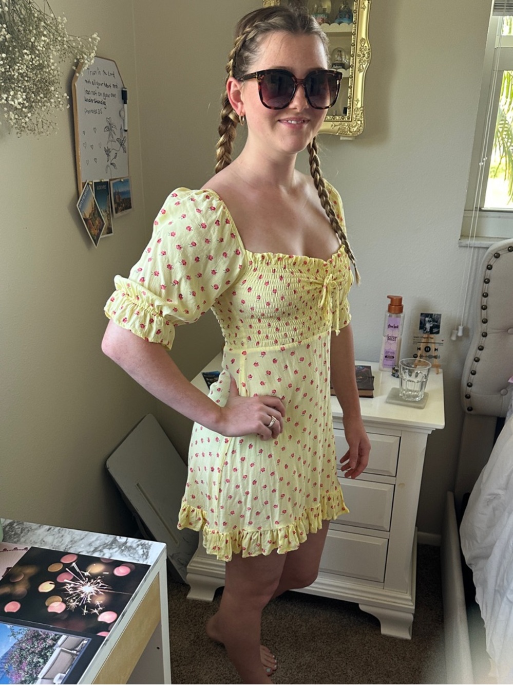 Faithfull the Brand Lemon Yellow Red Floral Smocked Mini Dress - Picture 6 of 6